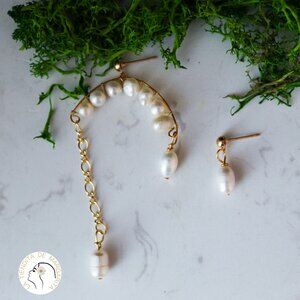 Handmade gold filled pearls earrings asymmetrical long